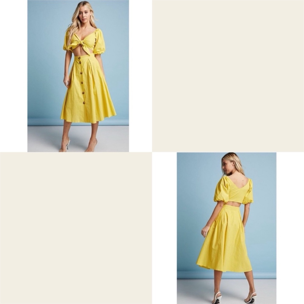 Yellow Crop Top With Midi A-Line Skirt Set- Size L